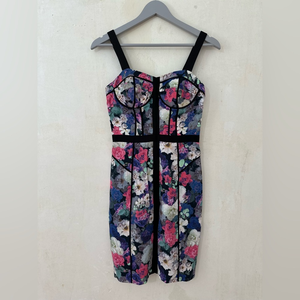 REBECCA MINKOFF Floral Bustier 100% Rayon Cocktail Wedding Guest Dress Size 0 - Picture 2 of 13